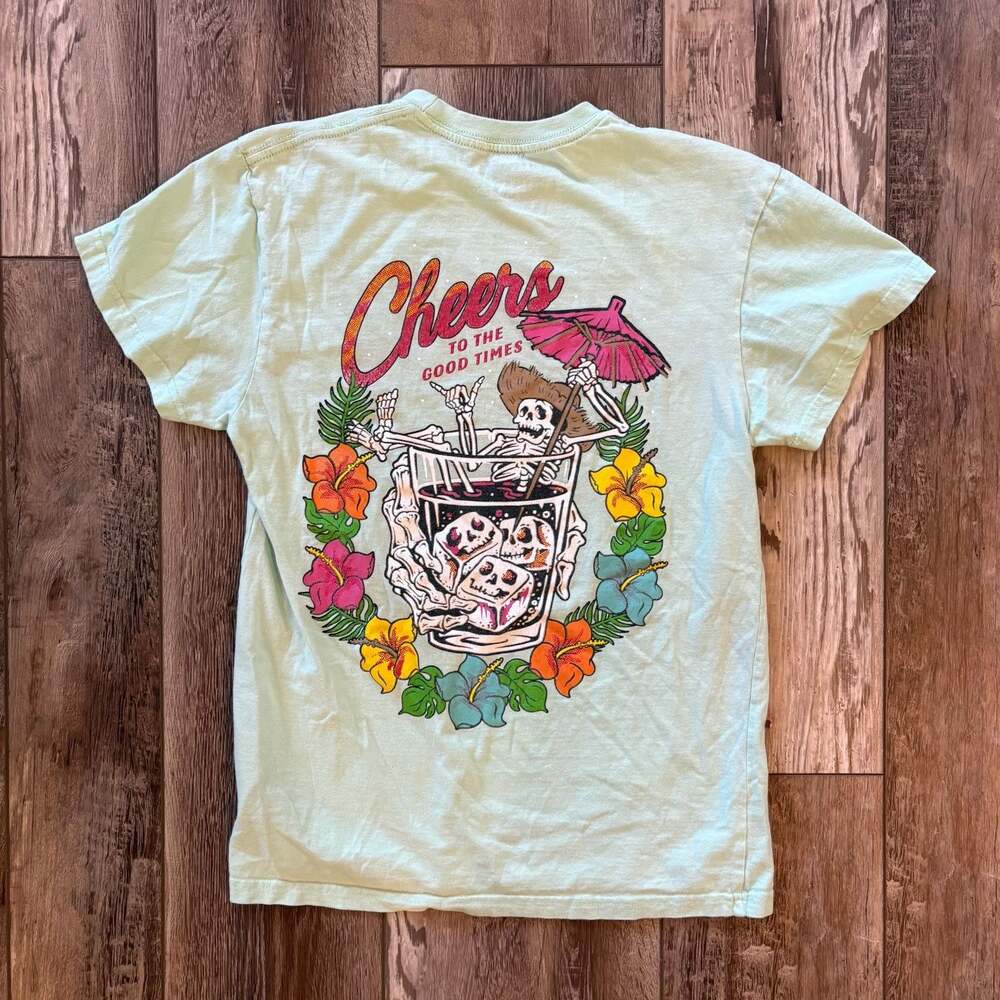 Retrofit Cheers Graphic T Shirt Size Small Mint Green Skeleton Tropical